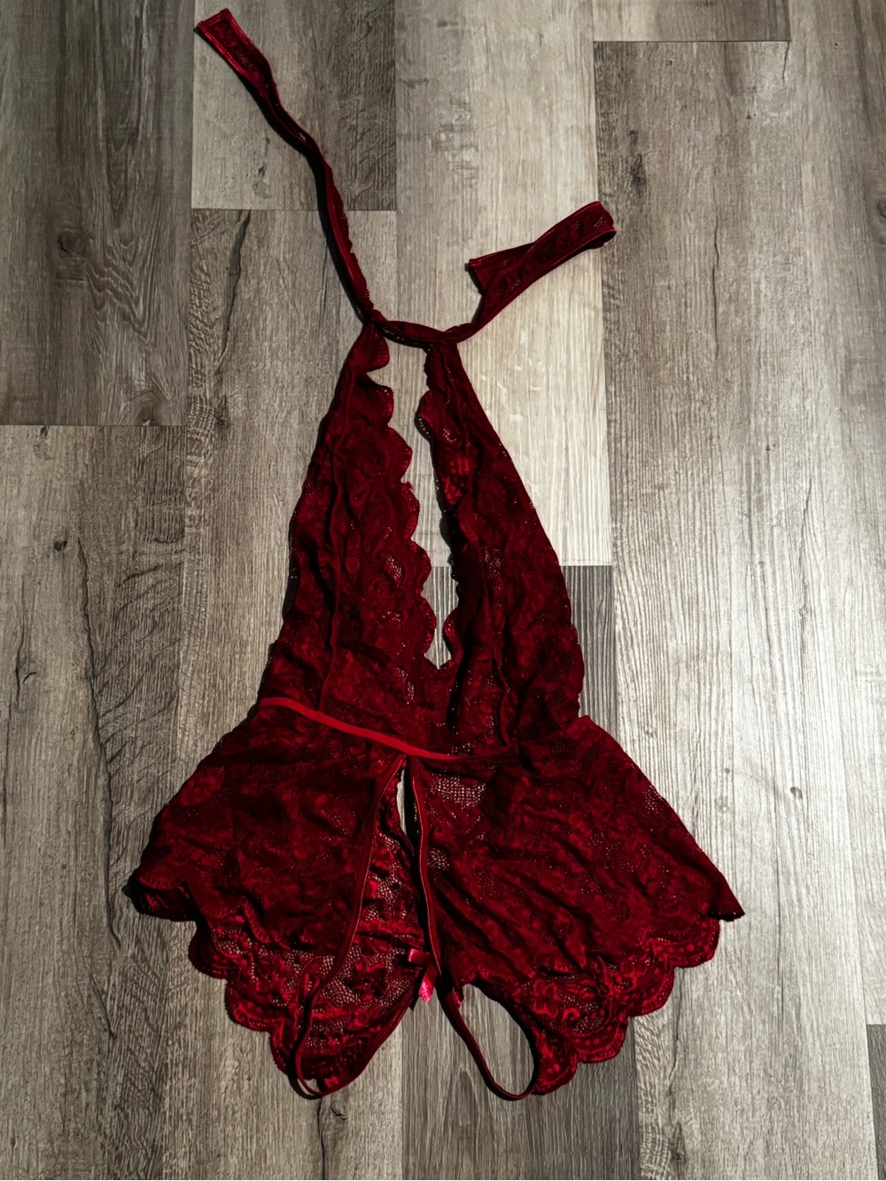Lace Halter Teddy Bodysuit - Burgundy Red